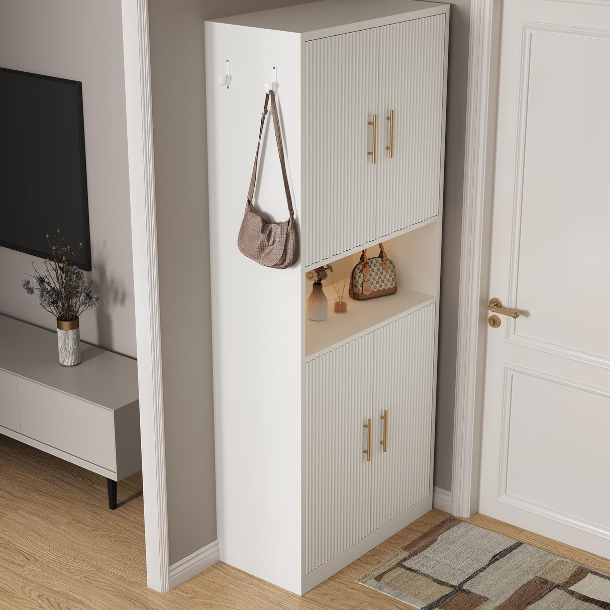 Epecoya 66-Inch Tall Shoe Cabinet with Fluted Door and LED Light for Entryway, Modern Large 9-Tier Freestanding Shoe Storage Organizer with Adjustable Shelves Open Shelf for Closet, Living Room, White Epecoya