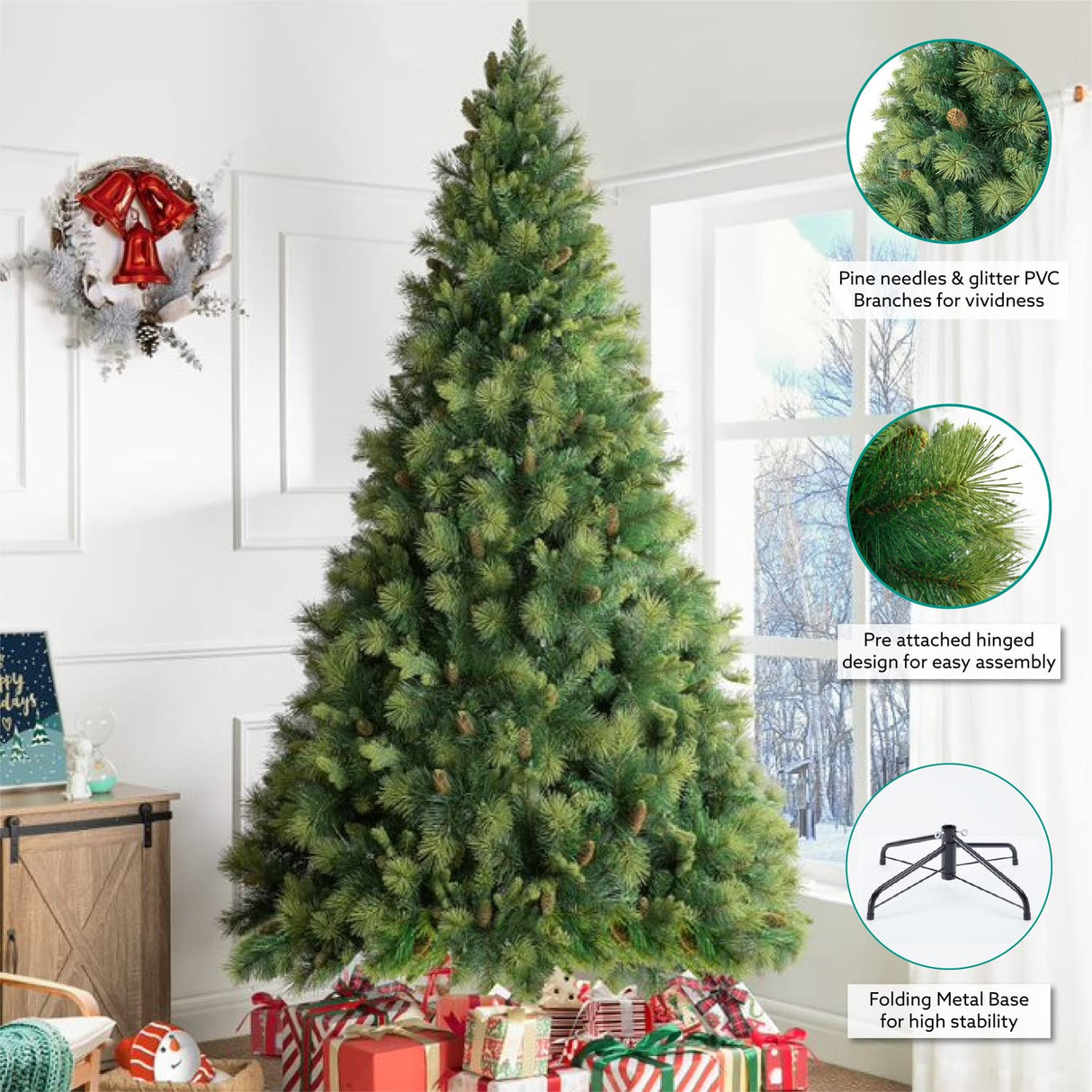 Vail 9ft Prelit Artificial Christmas Tree with Pine Cones, Foot Pedal, 2294 Branch Tips, 1050 Warm Lights and Metal Stand, 62" Wide Realistic Traditional Christmas Tree with Lights by Naomi Home Naomi Home
