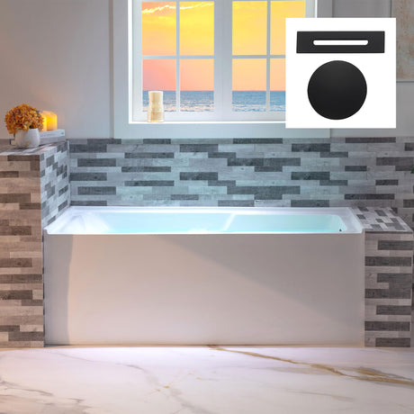 WOODBRIDGE 60" Acrylic Rectangular Alcove Soaking Bathtub in White with Right Drain, Matte Black Pop-Up Drain Included BA6030R WOODBRIDGE