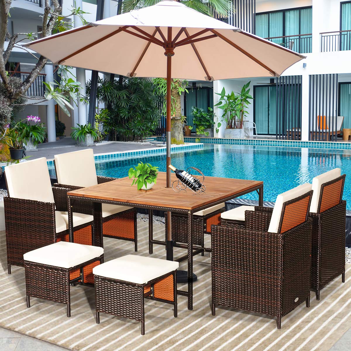 Tangkula 9 Pieces Acacia Wood Patio Dining Set, Space Saving Wicker Chairs and Wood Table with Umbrella Hole Outdoor Furniture Set, Suitable for Garden, Yard, Poolside, Outdoor Seating Set (White) Tangkula