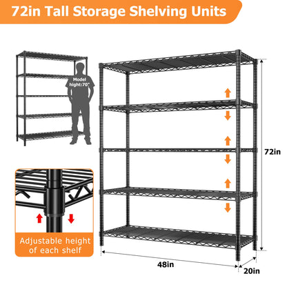 Storage Shelves Heavy Duty, 48" L x 20" W x 72" H Garage Wire Shelving Unit Loads 2000LBS, 5-tier Adjustable Metal Industrial Utility Shelf Rack for Kitchen, Laundry Room, Pantry, Warehouse,  - WoodArtSupply