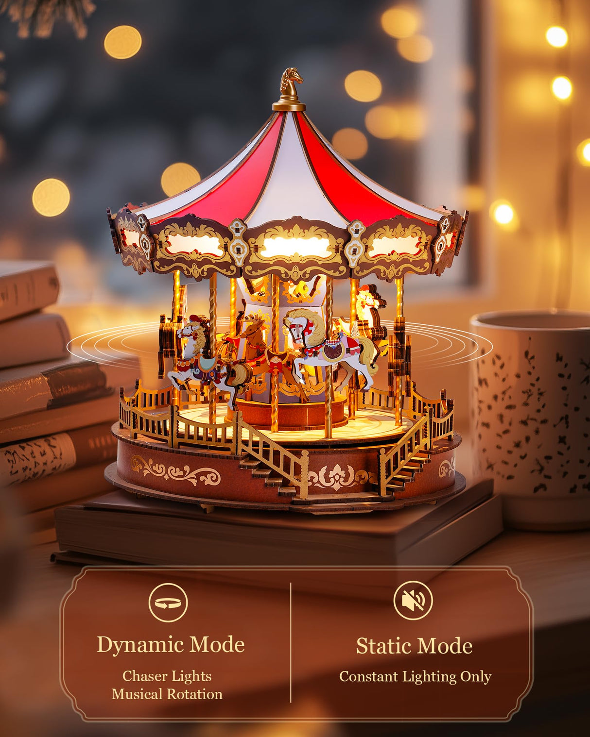 Rolife Wooden 3D Puzzles for Adults, DIY Carousel Music Box with Chaser Lights 11.6" Model Building Kit, Construction Project Craft Kits for Adults Hobby Home Decor Chiristmas Gifts for Boys Girls Rolife