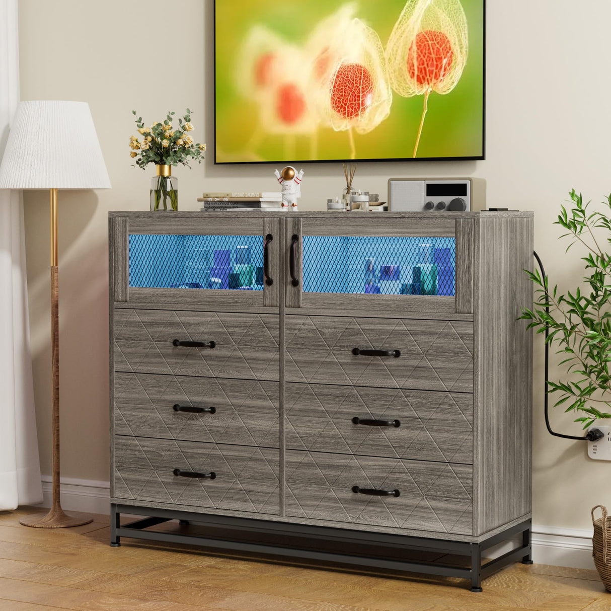 GarveeHome 6 Drawer Dresser for Bedroom with LED Lights and Charging Station, Wooden Double Dresser with 2 Shelves & Mental Grid Handle, Modern Chest of Drawers for Bedroom, Entryway, Hallway, Grey GarveeHome