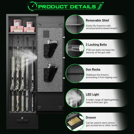 kavey 4-6 Gun Safe, Gun Safes for Home Rifles and Pistols, Rifle Safe, Quick Access Gun Cabinet for Rifles and Shotguns with Backlit Backlit Keypad, Gun Safes & Cabinets with Drawer and 3 Gun Racks kavey