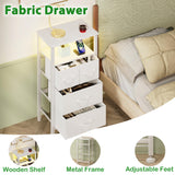 Furnulem 4 Drawer Dresser with Led Light and Charging Station, White Night Stand with Storage Shelf and Fabric & PVC Drawer, 33 Inch Bedside Table, Tall Nightstand for Entryway, Bedroom Furniture Furnulem
