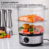 OVENTE 2 Tier Electric Food Steamer for Cooking Vegetables, Stainless Steel Base, Stackable and Dishwasher Safe Baskets, 400W with Auto Shutoff and 60-Minute Timer, 5 Quart Capacity, Silver FS62S OVENTE