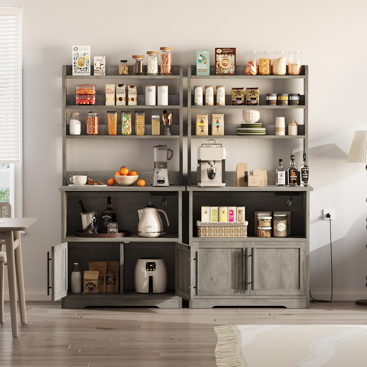 GarveeHome Microwave Stand Bakers Rack Cabinet, Farmhouse Bakers Rack with Power Outlet with Thickened Counter, Freestanding Small Kitchen Bakers Rack with Large Storage, Easy Assembly,Retro Gray GarveeHome