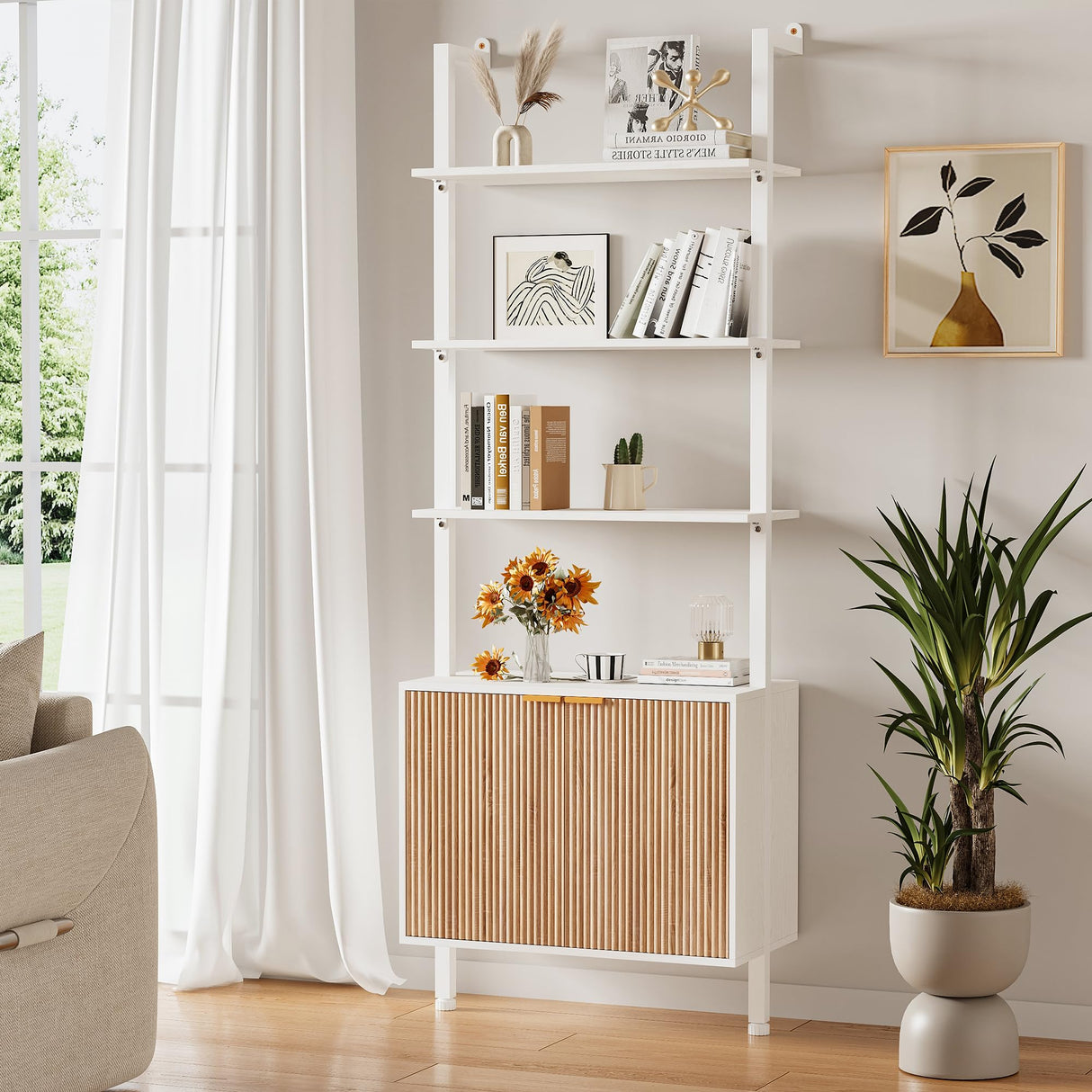 74" Tall Bookshelf with Storage Cabinet, Modern Ladder Shelf with Wood and Metal Frame, Wall Mount Bookcase Open Display Shelf Furniture for Living Room, Bedroom, Home Office, White and Oak INNOD