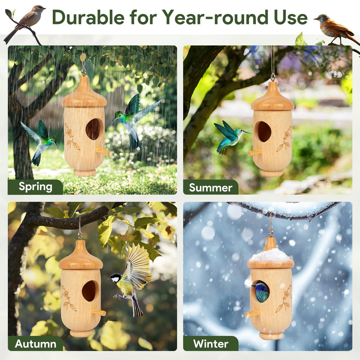 Hummingbird House, Wooden Hummingbird Houses for Outside Hanging, Nest Swinging, Wooden Bird Houses with Cotton, Bow, String, Gardening Gifts Decoration (1 Pack) Rakovar