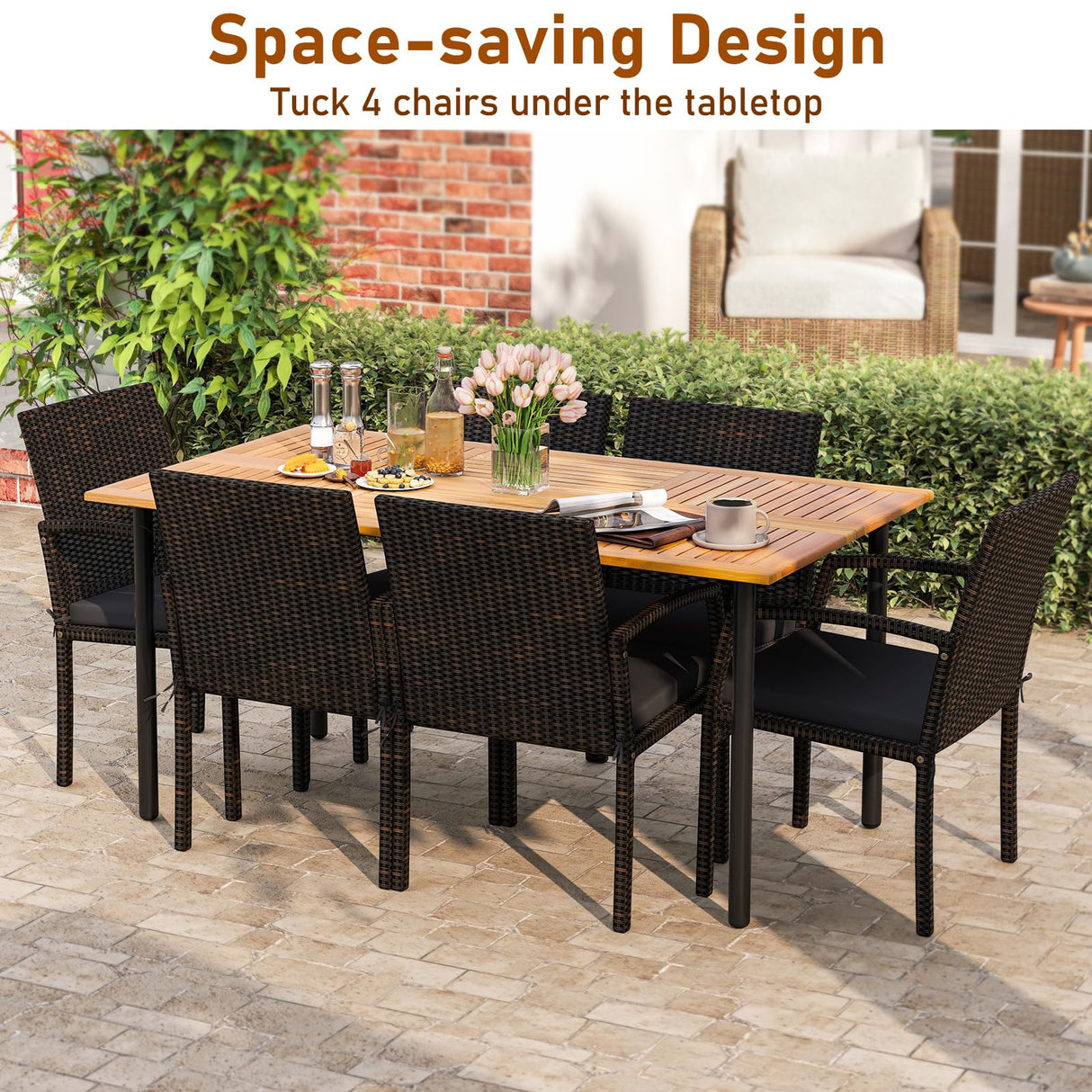 Tangkula 7 Pieces Outdoor Dining Set, Patio Acacia Wood Table and PE Rattan Chairs with Soft Cushions and 2” Umbrella Hole for Deck, Garden and Backyard Tangkula