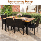 Tangkula 7 Pieces Outdoor Dining Set, Patio Acacia Wood Table and PE Rattan Chairs with Soft Cushions and 2” Umbrella Hole for Deck, Garden and Backyard Tangkula