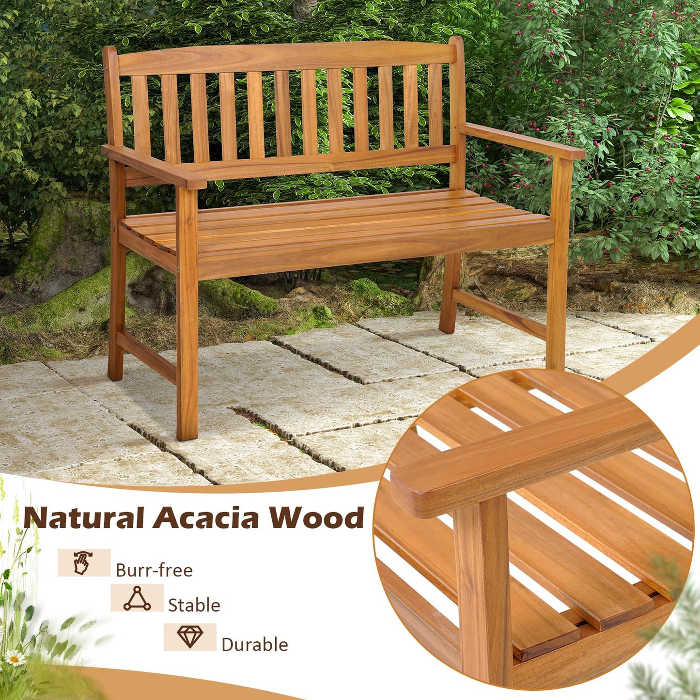 Tangkula 2-Person Outdoor Acacia Wood Garden Bench with Backrest and Armrests - WoodArtSupply