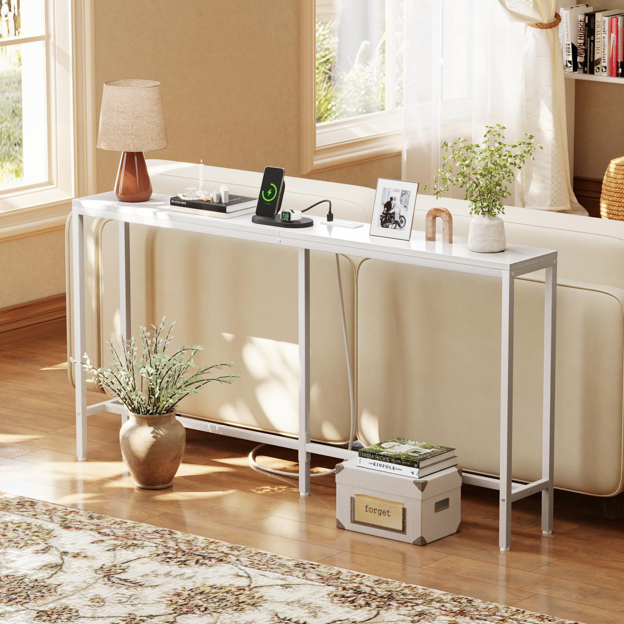 SUPERJARE Console Table with Outlet, 63 Inch Sofa Table with Charging Station, Narrow Entryway Table, Skinny Hallway Table, Behind Couch Table, for Living Room, Plants, White SUPERJARE