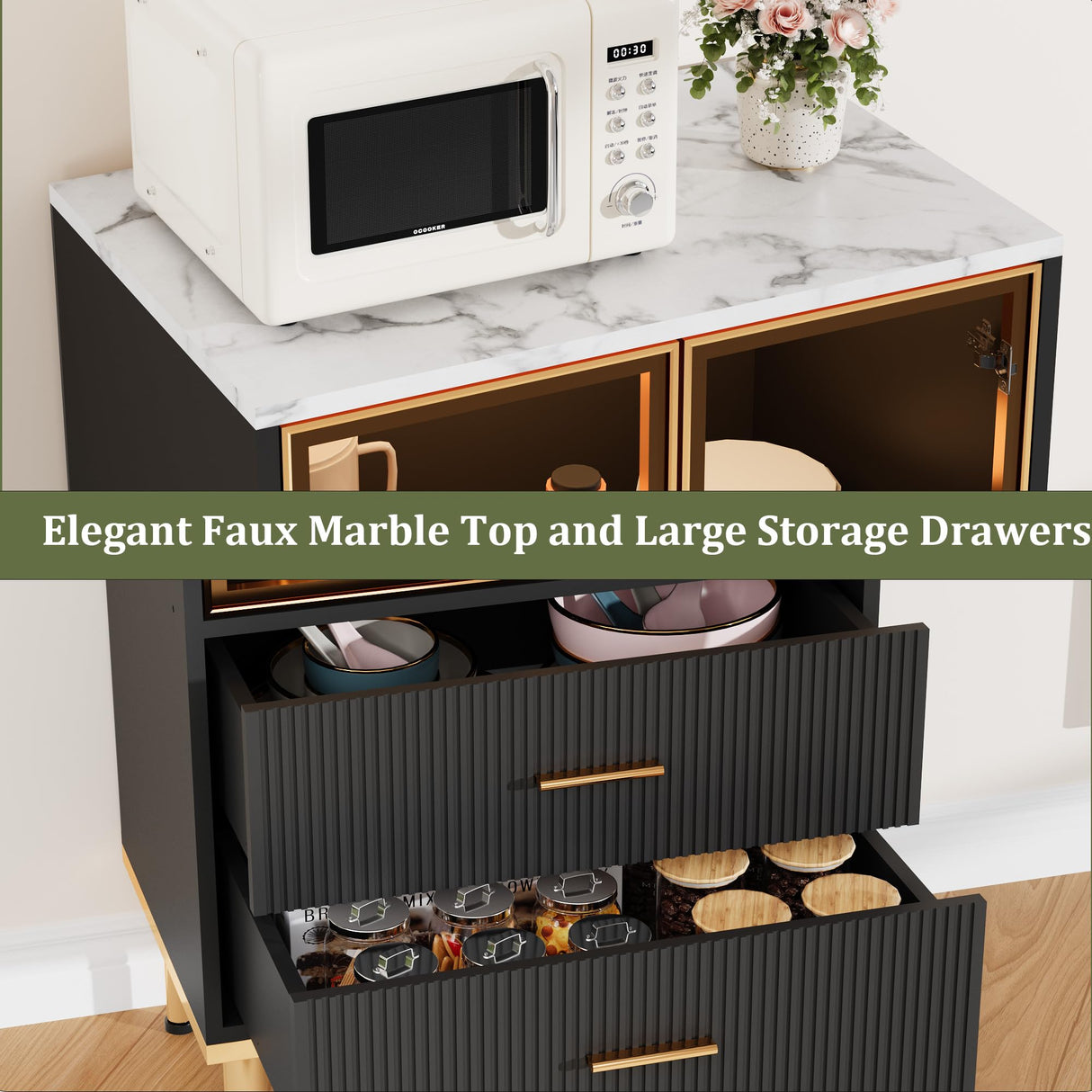 GarveeHome Fluted Storage Cabinet with Glass Door and 2 Drawers, Modern Display Storage Cabinet, Kitchen Pantry with Adjustable Shelves for Collectibles, Living Room, Office - Black GarveeHome