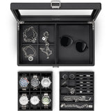 Vlando 6-Slot Watch Box Organize, Lockable Watch Case with Textured Leather, 2 Layer Watch Holder for Rings, Bracelets, Glasses, Glass Lid, Removable Divider, Gift for Fathers, Husband, Friend, Black Vlando