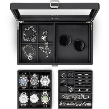 Vlando 6-Slot Watch Box Organize, Lockable Watch Case with Textured Leather, 2 Layer Watch Holder for Rings, Bracelets, Glasses, Glass Lid, Removable Divider, Gift for Fathers, Husband, Friend, Black Vlando