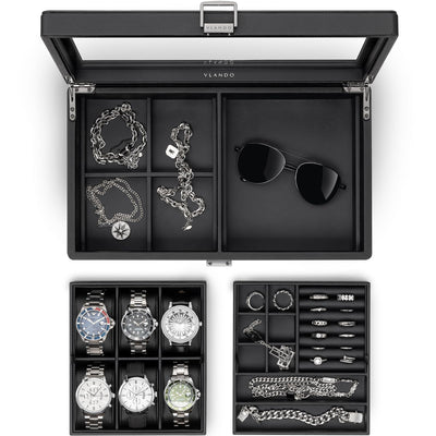 Vlando 6-Slot Watch Box Organize, Lockable Watch Case with Textured Leather, 2 Layer Watch Holder for Rings, Bracelets, Glasses, Glass Lid, Removable Divider, Gift for Fathers, Husband, Friend, Black