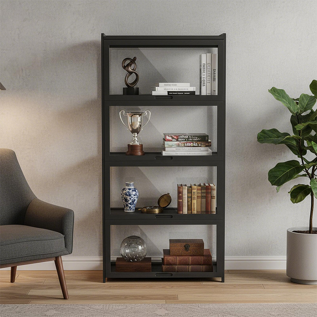 Magshion Display Cabinet with Acrylic Doors, 4-Tier Curio Cabinet for Collectibles, Display Case Showcase for Living Room, Office, 27.5"(L) x 13.5"(W) x 55"(H), Black Magshion