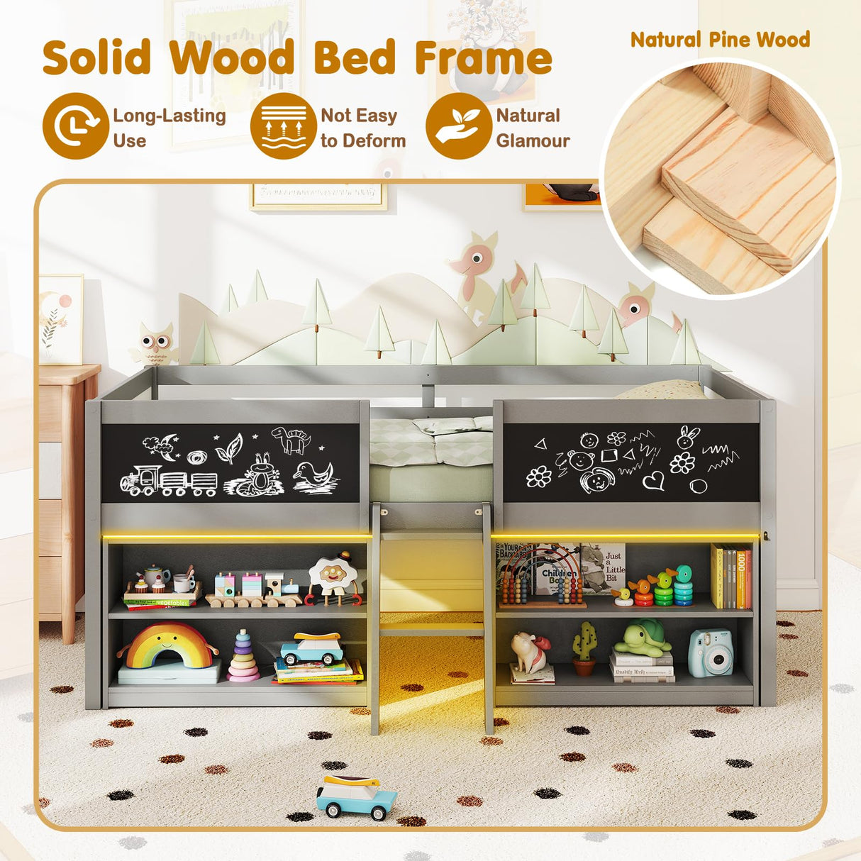 KOTEK Low Loft Bed with LED Lights & Chalkboards, Twin Loft Bed with Storage Bookcase and Under-Bed Space, Loft Bed Frame for Kids (Grey) KOTEK
