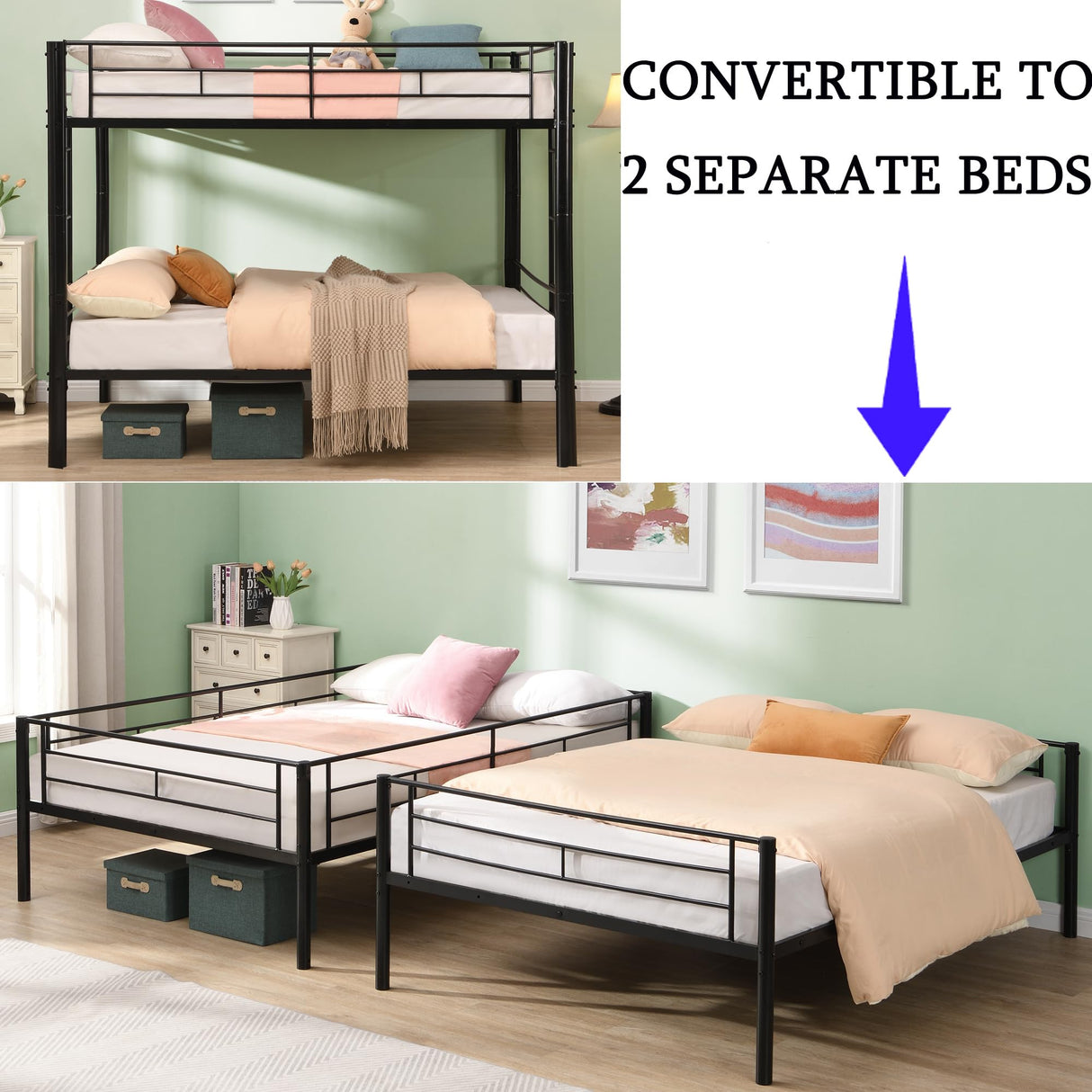 ZMIZAKOY Heavy Duty Full Over Full Bunk Bed for Kids Adults Teens, Metal Bunk Bed Full Over Full with Sturdy Guard Rail & 2 Side Ladders, Convertible Bunkbed,No Box Spring Needed (Black) ZMIZAKOY