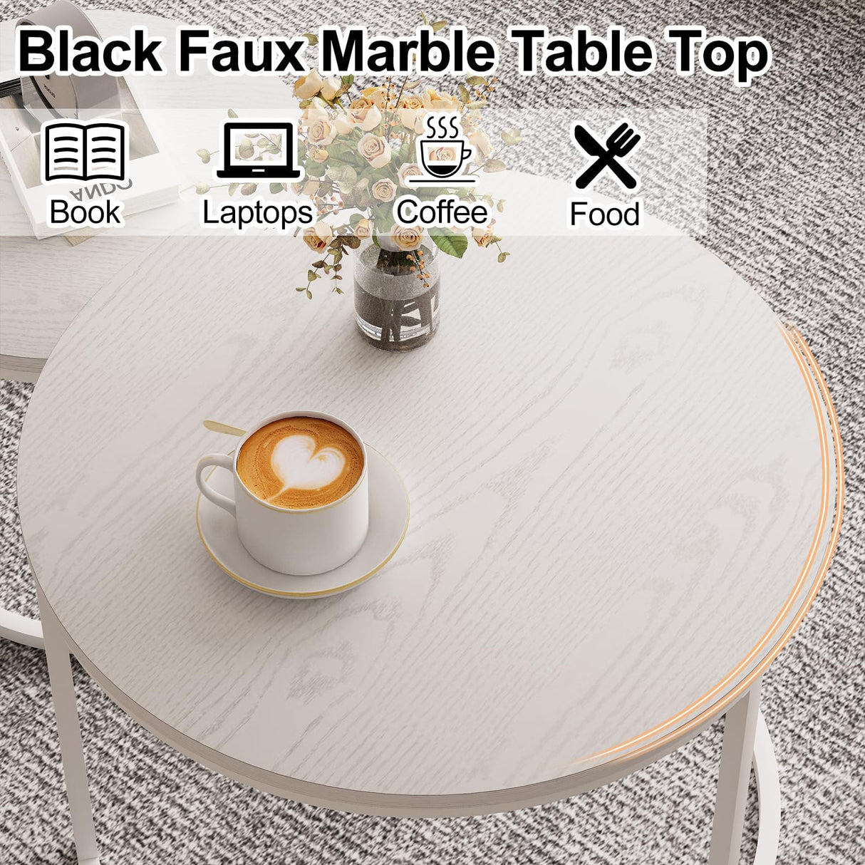 Garden 4 you Nesting Coffee Table, 23.6" Round Coffee Table Set of 2, Wooden Nesting Table Set with Metal Frame, Side Tables for Living Room Bedroom Balcony, White Garden 4 you