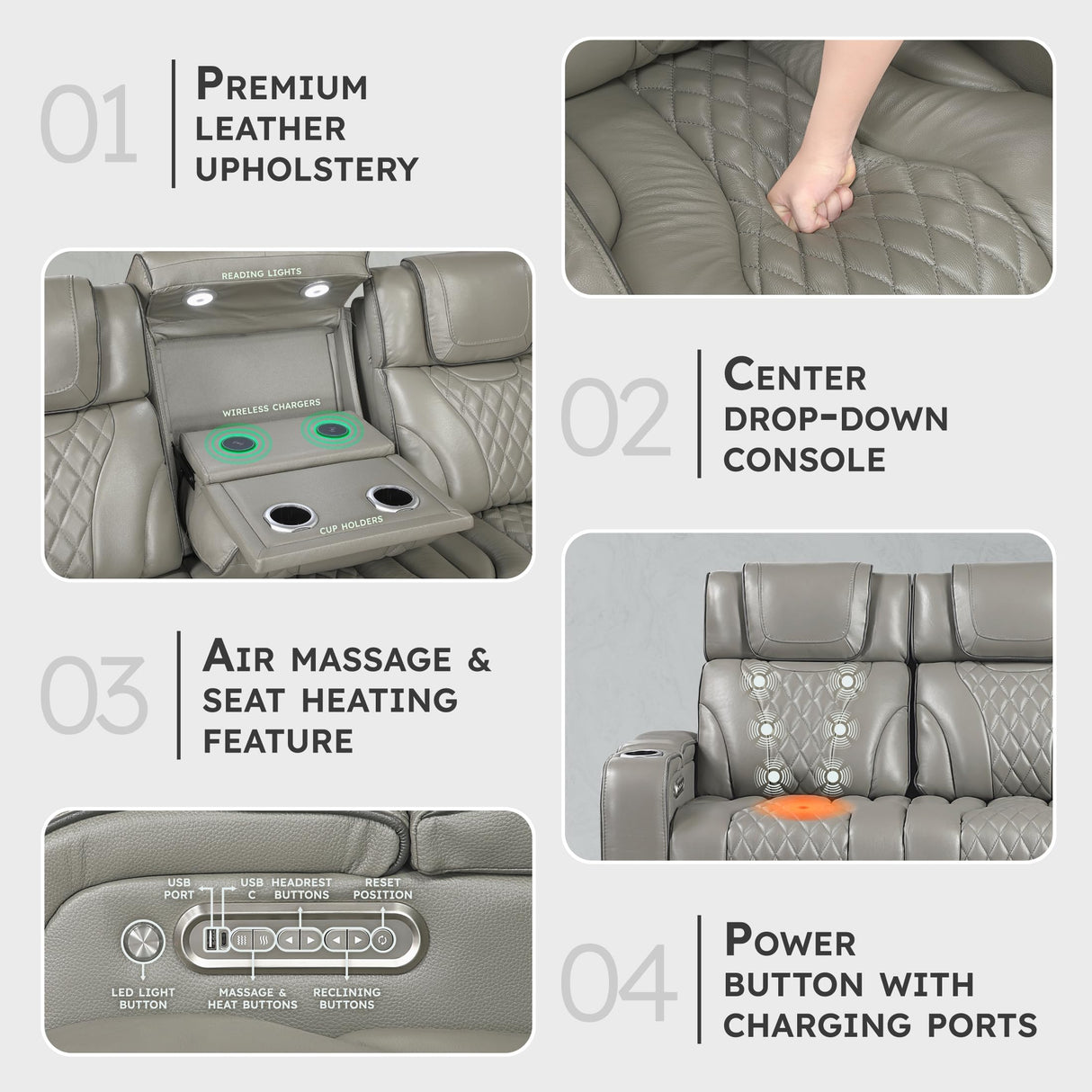 Lexicon Power Double Reclining Sofa, Center Drop-Down Table with Heat/Massage/Headrest/Storage Arms/Cup Holders/LED Lights/Wireless Charging, Top Grain Leather Match Wall Hugger Recliner Sofa, Grey Lexicon