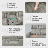 Lexicon Power Double Reclining Sofa, Center Drop-Down Table with Heat/Massage/Headrest/Storage Arms/Cup Holders/LED Lights/Wireless Charging, Top Grain Leather Match Wall Hugger Recliner Sofa, Grey Lexicon