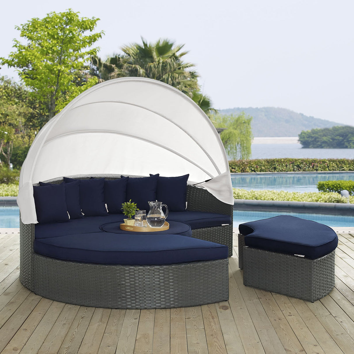 Modway Sojourn Outdoor Patio Sunbrella Sectional Daybed with Canopy in Canvas Navy Modway
