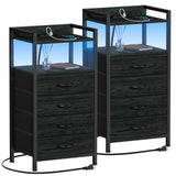 Furnulem Black Nightstand Set of 2, Small Dresser for Bedroom, Tall Night Stand with Charging Station and Led Light, Dresser Organizer Side Table Bedside Furniture, Wood Shelf, Fabric Drawer Furnulem