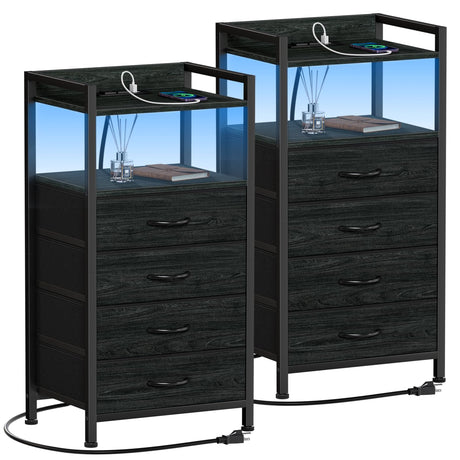 Furnulem Black Nightstand Set of 2, Small Dresser for Bedroom, Tall Night Stand with Charging Station and Led Light, Dresser Organizer Side Table Bedside Furniture, Wood Shelf, Fabric Drawer Furnulem