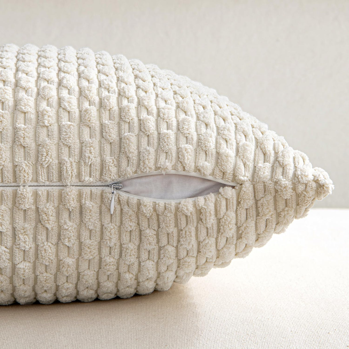 MIULEE Pack of 2 Decorative Throw Pillow Covers 18x18 Inch Soft Boho Striped Textured Corduroy Pillow Covers Modern Farmhouse Home Decor for Couch Bed Sofa Living Room Cream White MIULEE