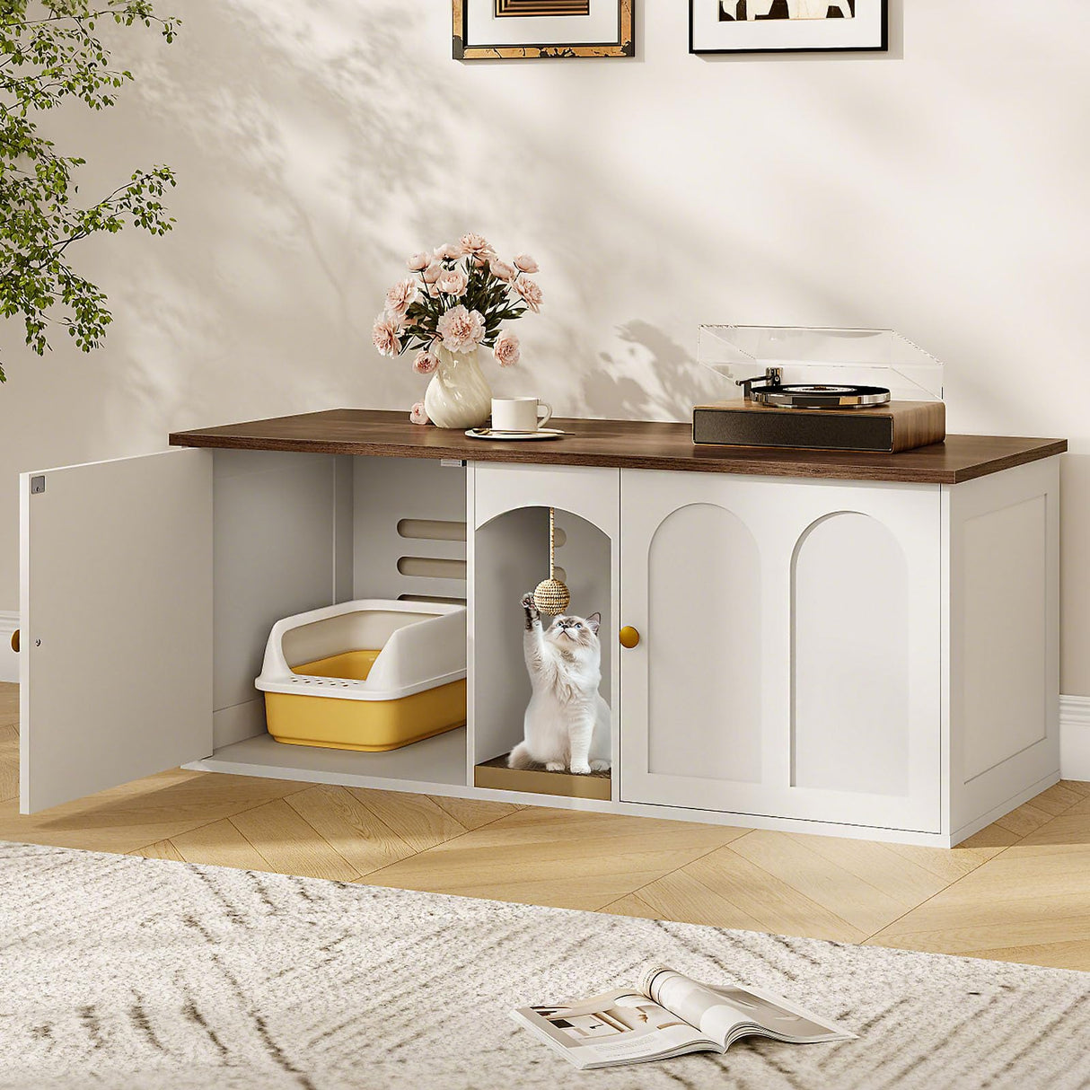 CHOEZON 47.2'' Double Cat Litter Box Enclosure, Hidden Cat Litter Box Furniture with Scratching Board and Dangling Ball, for 2 Cats, White and Walnut MMW02WL CHOEZON