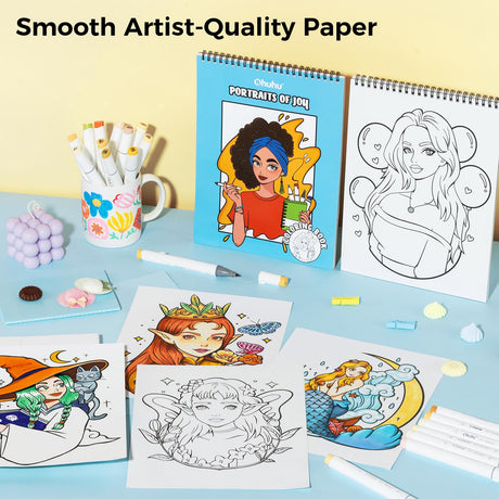 Ohuhu Double-Sided Bleedproof Coloring Book for Alcohol Markers - 8"x10" Portraits of Joy Coloring Book - 20 Sheets/40 Patterns - Top Spiral-Bound Design - Stress-Relieving Gift for Adults Teens Women Ohuhu
