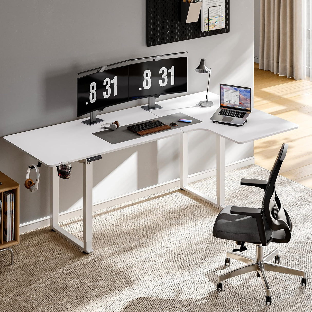 ONBRILL Standing Desk, 71x43 Inches L Shaped Desk with 4 Legs, Dual Motor and Memory Controller, Electric Stand Up Desk Adjustable Height from 28-46 Inches for Computer Workstation White ONBRILL