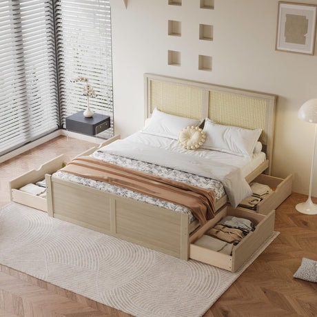 Linique Rattan Bed Frame Full,Full Size Wood Storage Platform Bed with 4 Drawers and Rattan Headboard(Natural) Linique