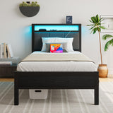 VECOCHO Twin Bed Frame with Charging Station and LED Lights,Upholstered Headboard with Storage Shelves,Heavy Duty Metal Slats, No Box Spring Needed,Noise Free, Easy Assembly,Black and Dark Grey VECOCHO