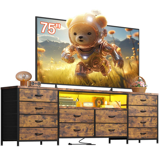 EnHomee Fits 75" TV Stand Dresser for 65 70 75 Inch TV 63" W Dresser TV Stand for Bedroom with LED Lights & Power Outlets & 12 Drawers Dresser for Bedroom Long Fabric Dresser Entertainment Center