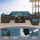 YLGJ&TIDY 7-Piece Outdoor Sectional Patio Furniture Set, All-Weather Wicker Rattan Sofa w/Thick Washable Cushions & Tempered Glass Table, Perfect for Garden, Poolside, Backyard (Brown&Peacock Blue) YLGJ&TIDY