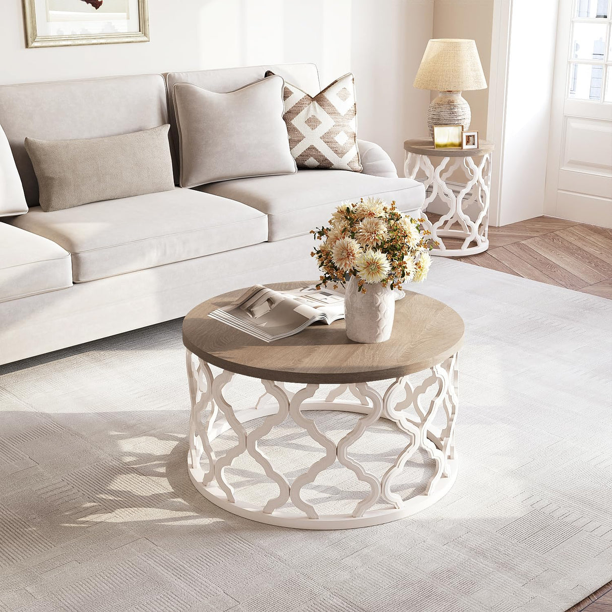 karlott Farmhouse Coffee Table, French Country Round Coffee Table, Coastal Coffee Table with Distressed Top, Boho Coffee Table with Curved Motif Frame Base for Living Room, Dining Room, Bedroom karlott