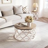 karlott Farmhouse Coffee Table, French Country Round Coffee Table, Coastal Coffee Table with Distressed Top, Boho Coffee Table with Curved Motif Frame Base for Living Room, Dining Room, Bedroom karlott