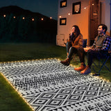 6x9ft Waterproof Outdoor Rug with LED Lights, Bohemia Reversible Plastic Straw Mat for Patio RV Camping Picnic Balcony Beach Deck Indoor Outdoor Carpet, Black&White DiiKoo