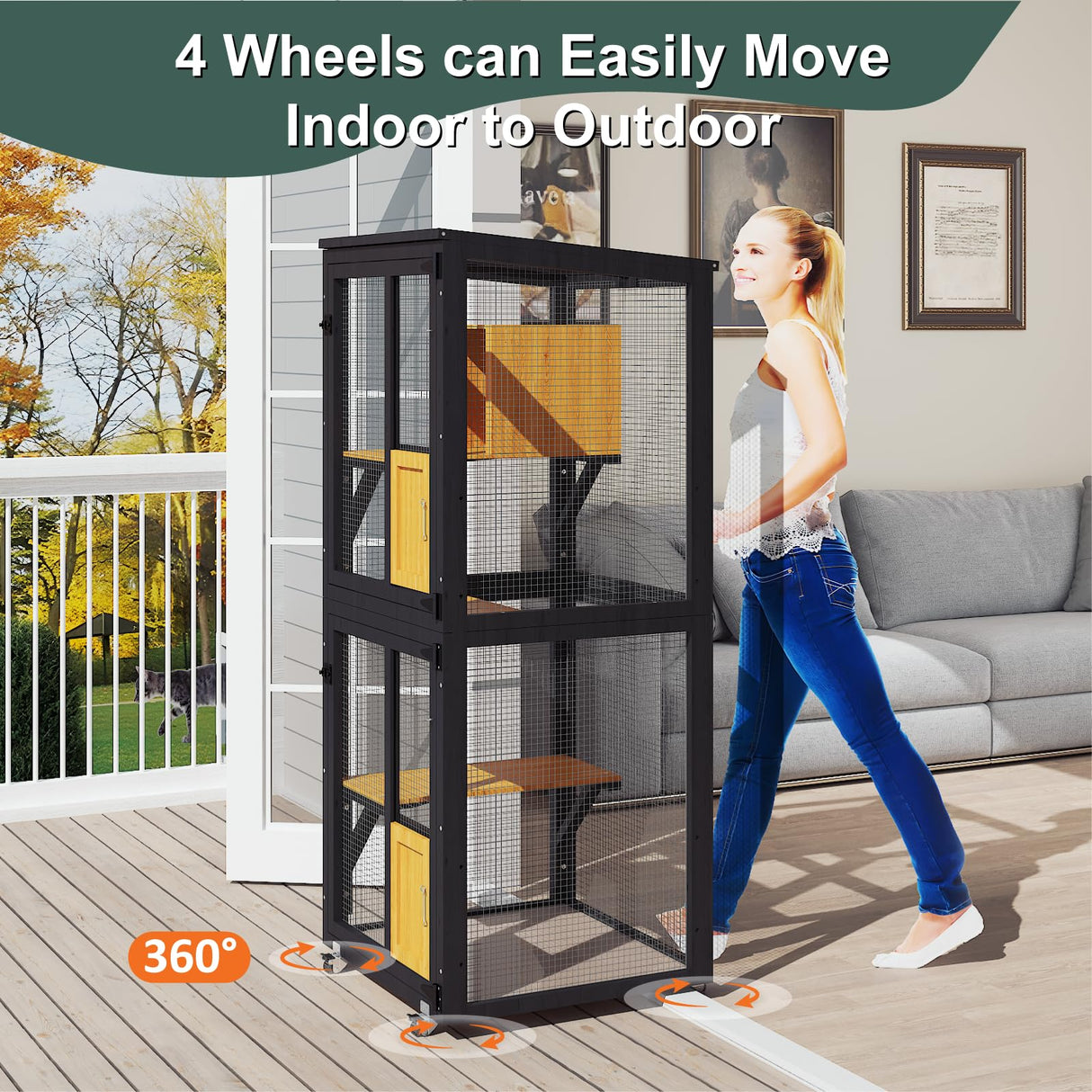 TIMHAKA Catio Outdoor Cat Enclosure, 4 Tier Indoor Catio with 4 Wheels, Platforms and Resting Box, Cat Cage with Waterproof Roof, Feral Pet Shelter with Easy Clean PVC Layer, Black TIMHAKA