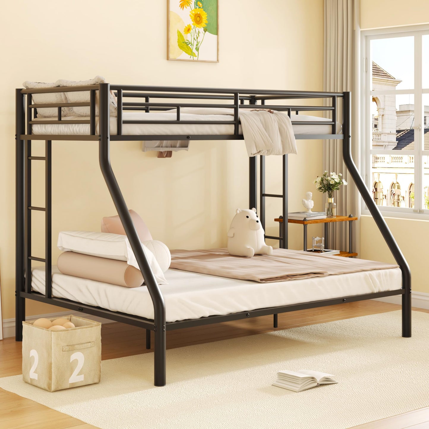 Twin XL Over Queen Bunk Bed for Boys/Girls/Teens/Adults, Heavy-Duty Metal Bunk Beds Frame with 2 Ladders & High Guardrails, Under Bed Storage Space, Noise Reduced, No Box Spring Needed,Black