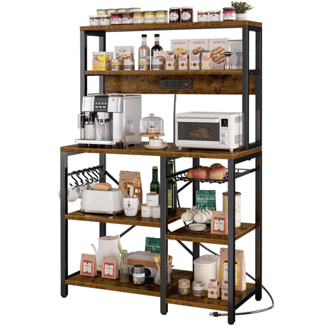 SUPERJARE Rustic Brown Bakers Rack with Power Outlet and Open Storage Space SUPERJARE