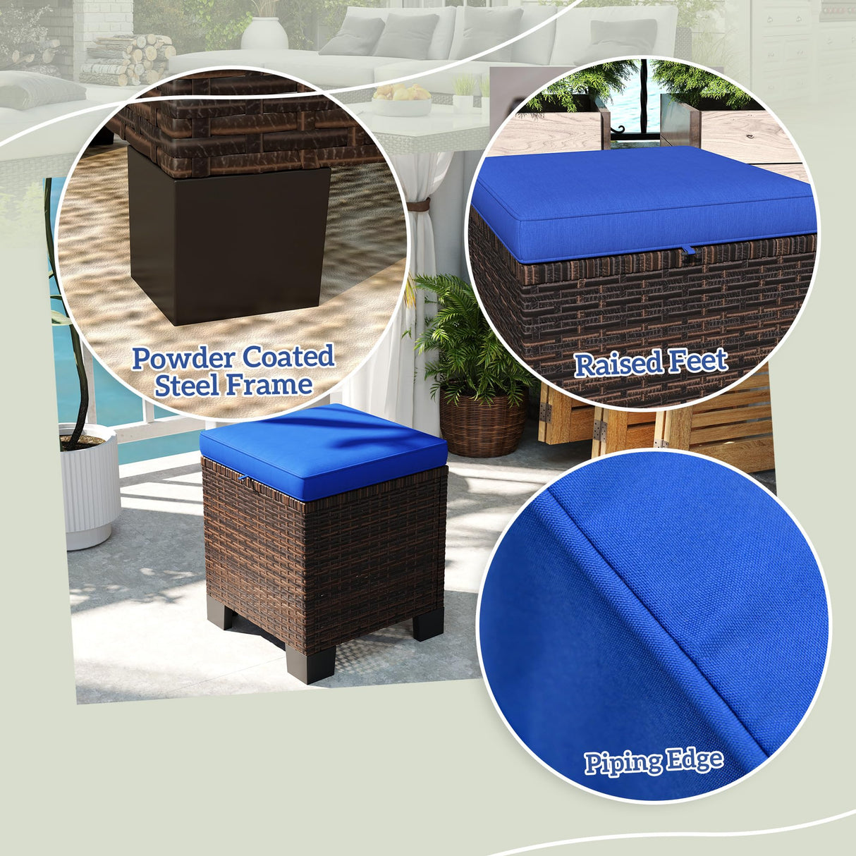 Outsunny 2 Pieces Outdoor Patio Ottomans, All Weather Wicker Outdoor Footstools with Removable Cushions, 3-in-1 PE Rattan Ottoman Seat, Footrest and Side Table for Backyard, Poolside, Dark Blue Outsunny