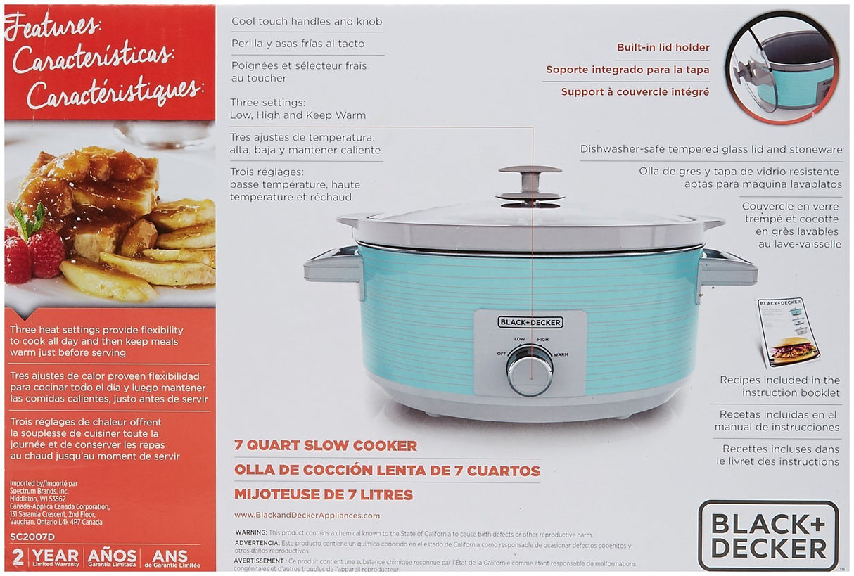BLACK+DECKER 7-Quart Slow Cooker, SC2007D, Lid Holder, 3 Heat Settings, Extra Large Handles, Dishwasher Safe, Teal BLACK+DECKER