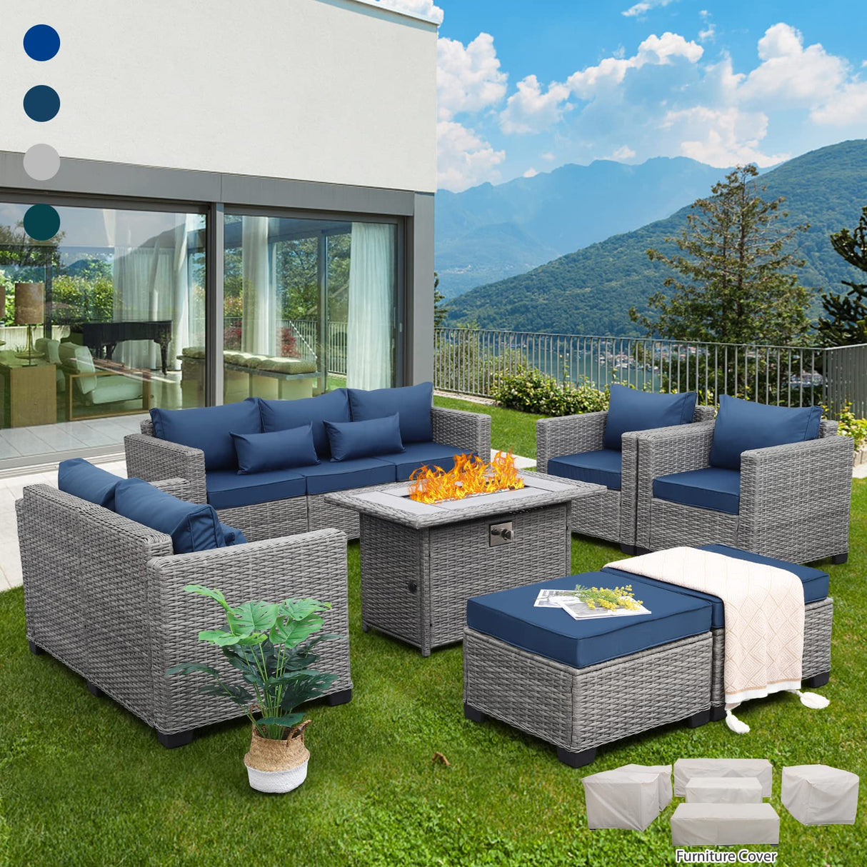 Patio Furniture Set 45-Inch Fire Pit 7-Piece Outdoor Furniture Sets Patio Couch Outdoor Chairs 60000 BTU Wicker Propane Fire Pit Table with No-Slip Cushions and Waterproof Covers, Navy Blue Rattaner