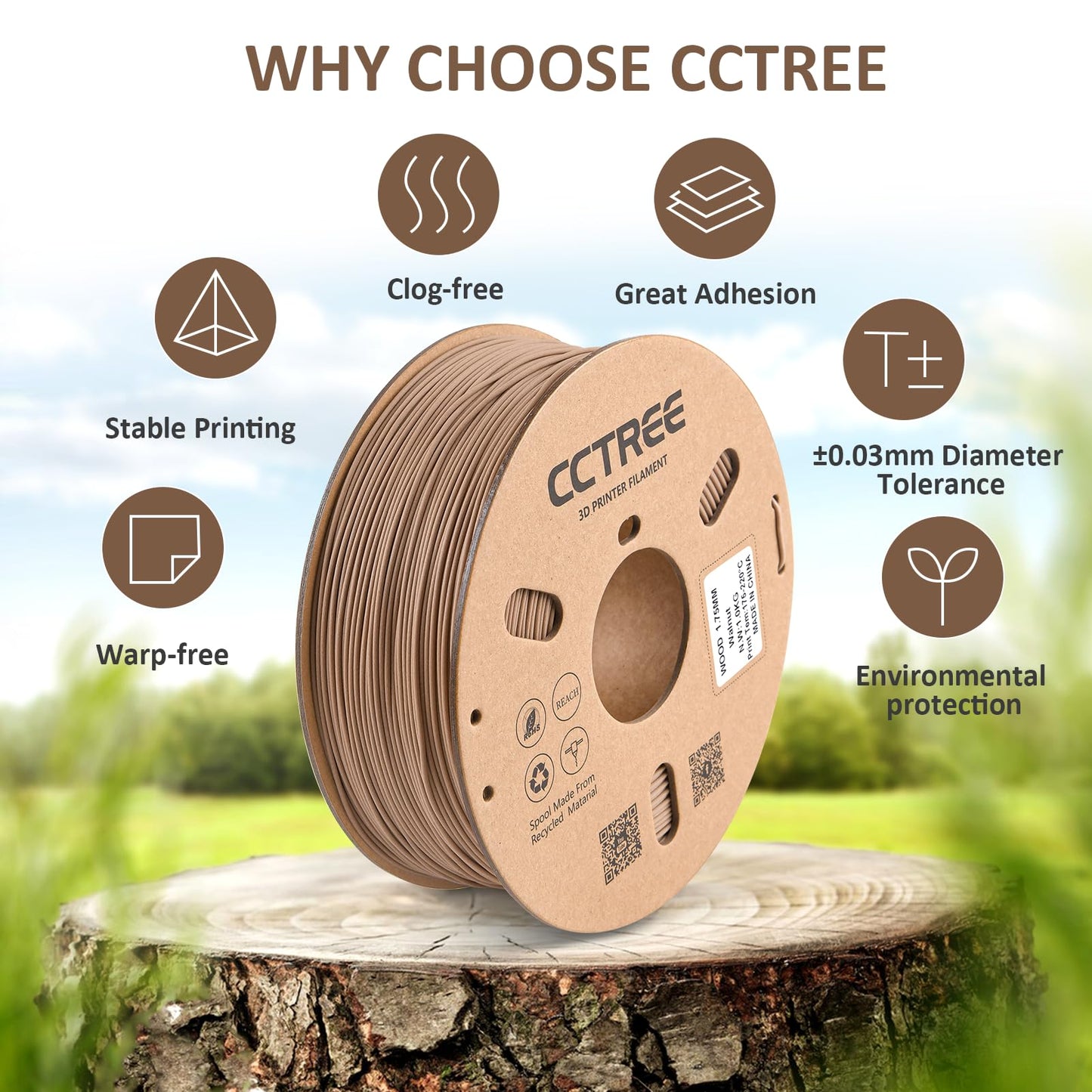 CCTREE Wood PLA Filament 1.75mm, 3D Printer PLA Plus(PLA+) with Real Wood Fiber Wood Texture Filament, Dimensional Accuracy +/- 0.02mm, 1kg Spool(2.2lbs), Fit Most FDM 3D Printers, Wood Walnut