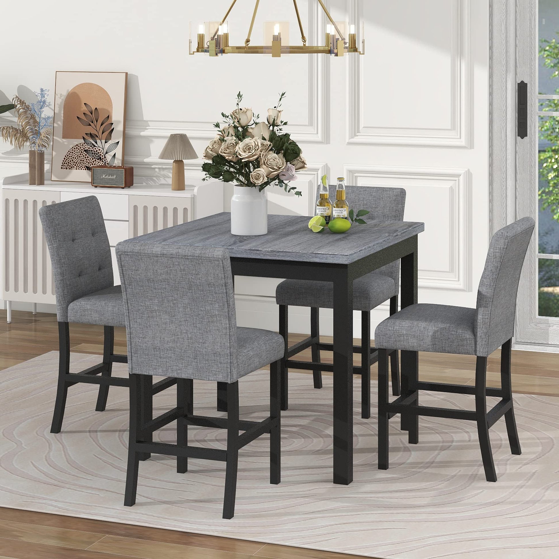 Merax 5 Piece Counter Height Dining Table Set for 4,Farmhouse Wood Kitchen Table Set,Rectangle Dining Table with 4 Upholstered Dining Chairs for Kitchen Apartment,Black - WoodArtSupply