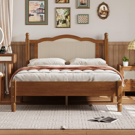 Merax Full Size Bed Frame with Rattan Headboard, Vintage Farmhouse Wooden Platform Beds for Bedroom and Guest Room, No Box Spring Needed, Walnut Merax